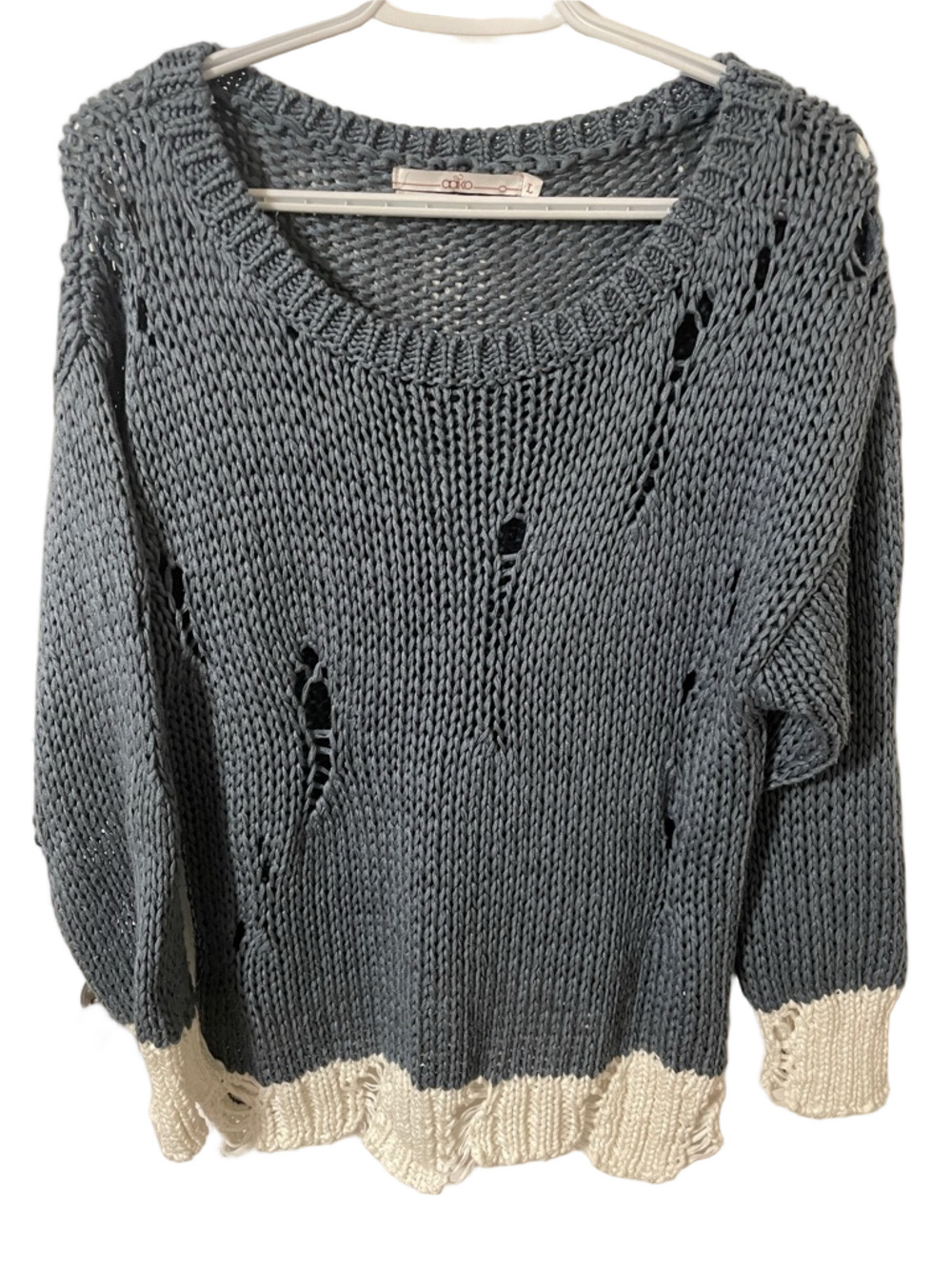 Aaiko Distressed Blue Scoop Neck Sweater with Cream Trim Size Large